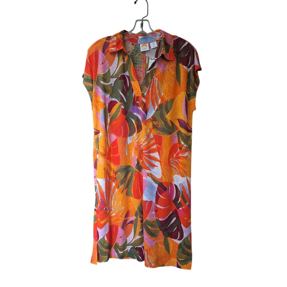 C&C California Linen Lyocell Casual Short Sleeves Dress Tropical Vacation Size M